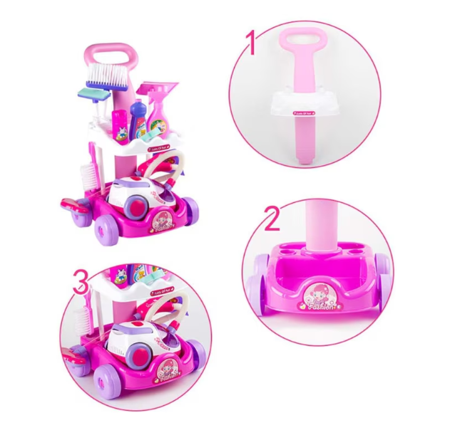 Set de Joaca Interactiv si Educativ, At Pereformance, pentru Copii Banc de Curatenie cu Aspirator Functional, Mop, Faras, Perie, Matura, si Accesorii de Curatat, Roz